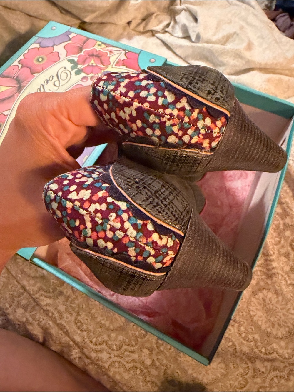 Poetic License /irregular choice Navy Plaid Heeled Oxfords with Multicolor Trim - Picture 5 of 7